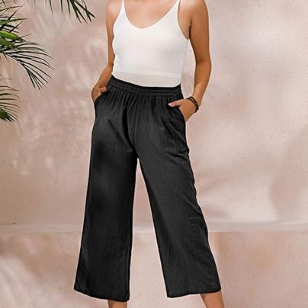 Womens Loose Cotton Capris  Wide Leg Pants with Pockets (M ~BLACK)